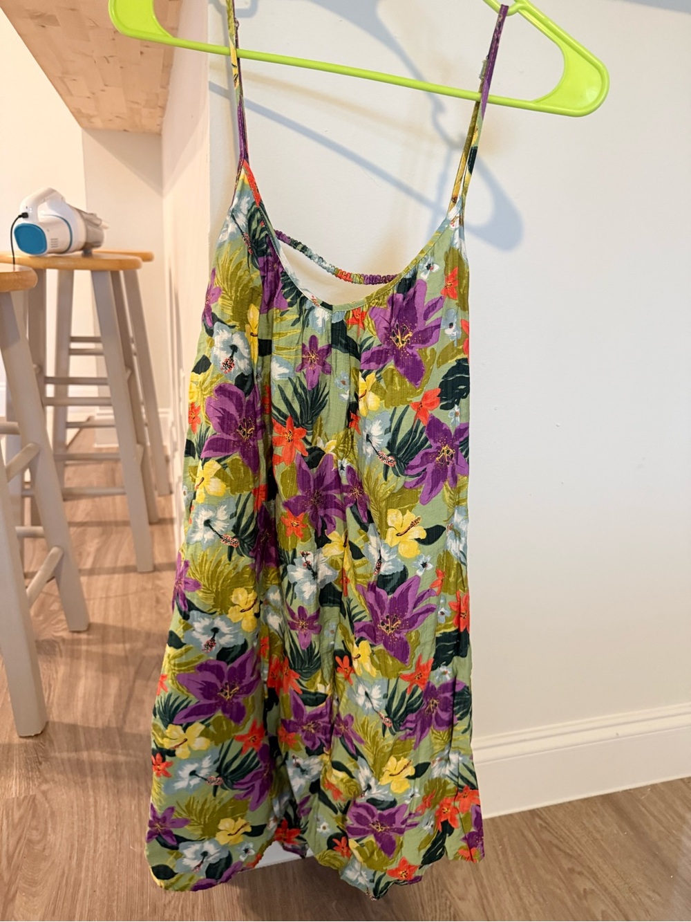 Lush Tropical Floral Slip Dress with Spaghetti Straps - Green, Purple, Yellow